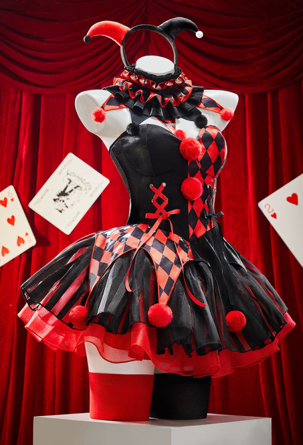 Moonlit Jester Gothic Clown Costume Red-Black Patchwork Corset Skirt Set Diamond Pattern Top and Puffy Skirt with Collar and Gloves Moonlit Jester Gothic Clown Costume Red-Black Patchwork Corset Skirt Set Diamond Pattern Top and Puffy Skirt with Collar and Gloves