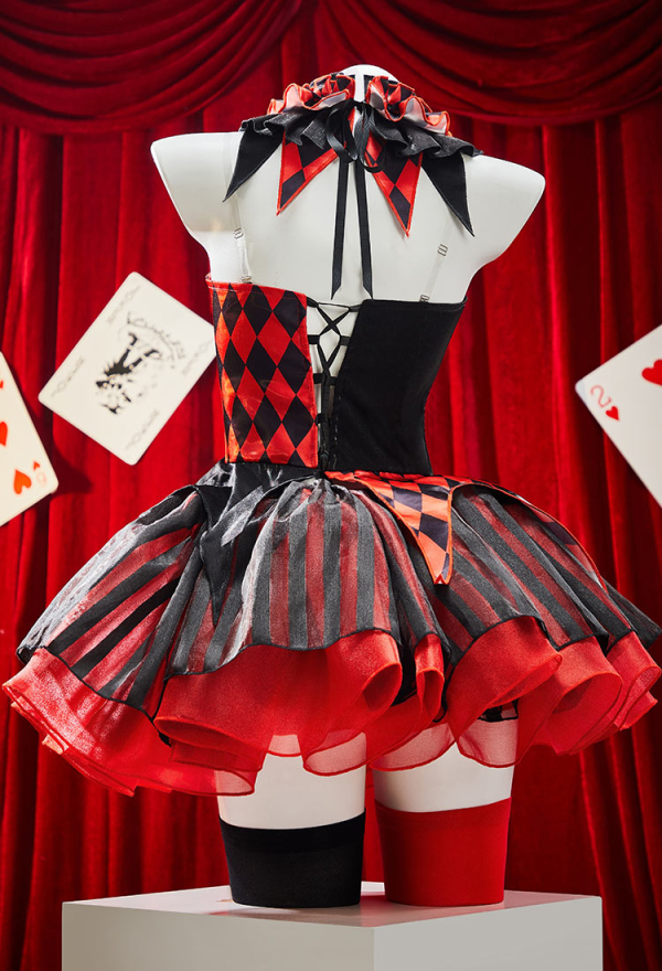 Moonlit Jester Gothic Clown Costume Red-Black Patchwork Corset Skirt Set Diamond Pattern Top and Puffy Skirt with Collar and Gloves Moonlit Jester Gothic Clown Costume Red-Black Patchwork Corset Skirt Set Diamond Pattern Top and Puffy Skirt with Collar and Gloves