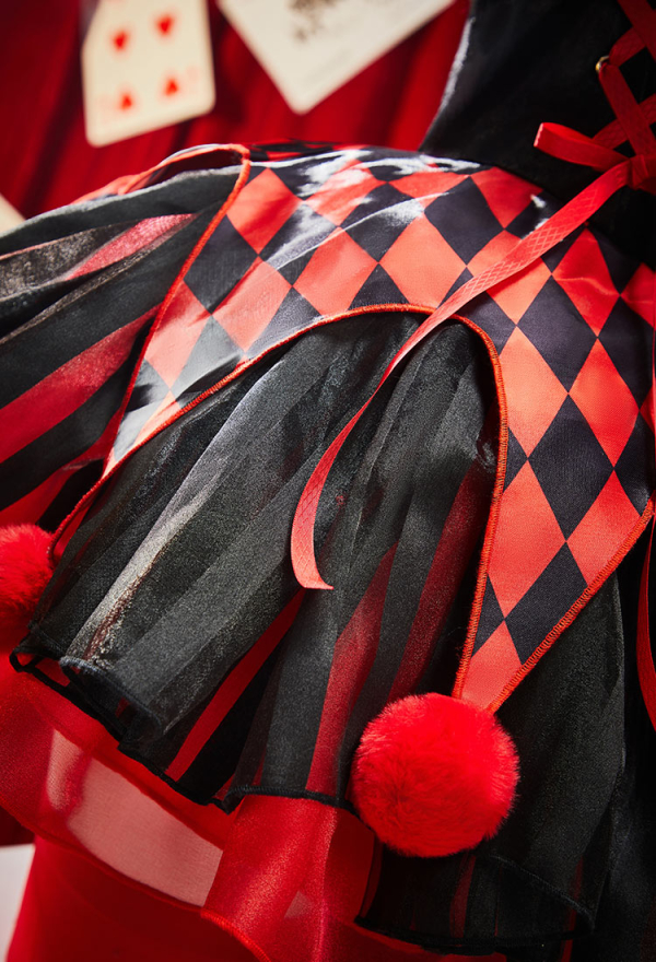 Moonlit Jester Gothic Clown Costume Red-Black Patchwork Corset Skirt Set Diamond Pattern Top and Puffy Skirt with Collar and Gloves Moonlit Jester Gothic Clown Costume Red-Black Patchwork Corset Skirt Set Diamond Pattern Top and Puffy Skirt with Collar and Gloves