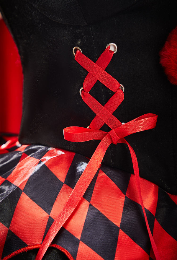 Moonlit Jester Gothic Clown Costume Red-Black Patchwork Corset Skirt Set Diamond Pattern Top and Puffy Skirt with Collar and Gloves Moonlit Jester Gothic Clown Costume Red-Black Patchwork Corset Skirt Set Diamond Pattern Top and Puffy Skirt with Collar and Gloves
