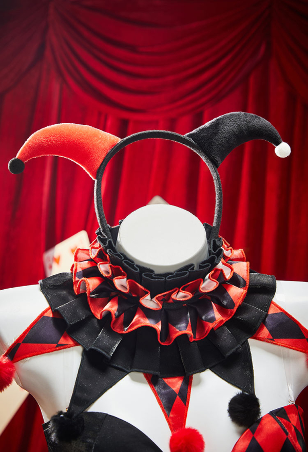 Moonlit Jester Gothic Clown Costume Red-Black Patchwork Corset Skirt Set Diamond Pattern Top and Puffy Skirt with Collar and Gloves Moonlit Jester Gothic Clown Costume Red-Black Patchwork Corset Skirt Set Diamond Pattern Top and Puffy Skirt with Collar and Gloves