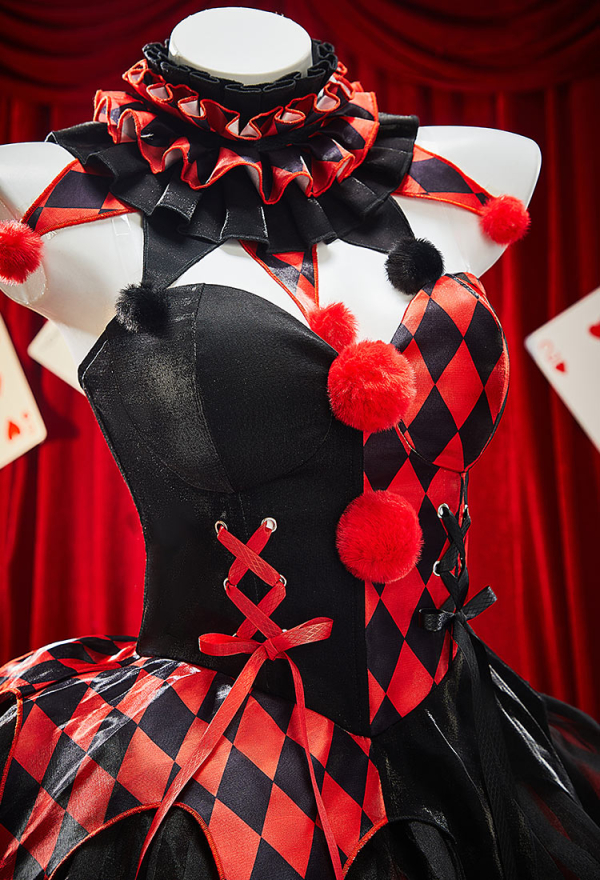 Moonlit Jester Gothic Clown Costume Red-Black Patchwork Corset Skirt Set Diamond Pattern Top and Puffy Skirt with Collar and Gloves Moonlit Jester Gothic Clown Costume Red-Black Patchwork Corset Skirt Set Diamond Pattern Top and Puffy Skirt with Collar and Gloves