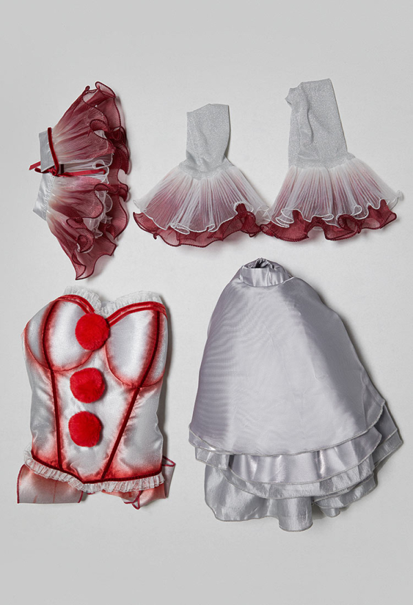Moonlit Jester Silver Clown Corset Skirt Set Bloodstain Printed Corset and Layered Skirt with Sleeves and Collar Moonlit Jester Silver Clown Corset Skirt Set Bloodstain Printed Corset and Layered Skirt with Sleeves and Collar