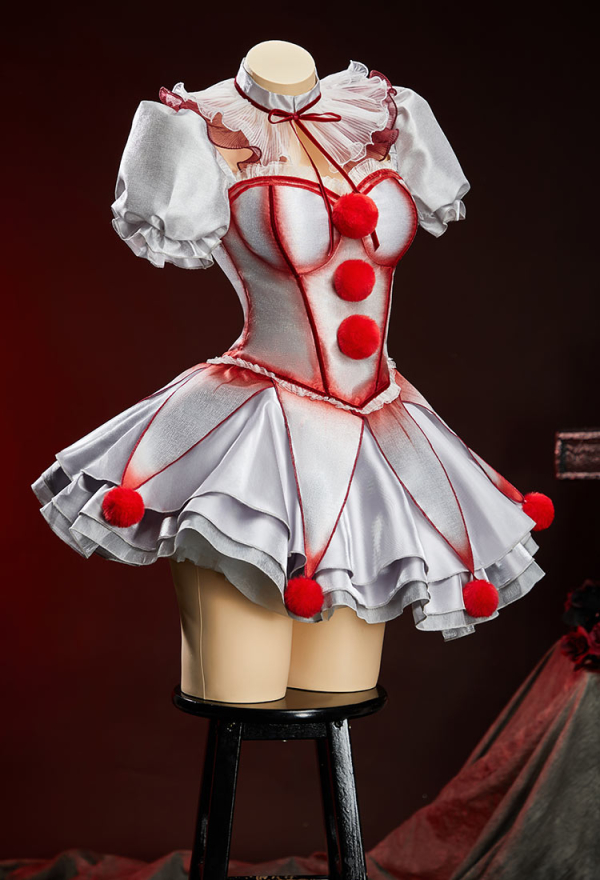 Moonlit Jester Silver Clown Corset Skirt Set Bloodstain Printed Corset and Layered Skirt with Sleeves and Collar Moonlit Jester Silver Clown Corset Skirt Set Bloodstain Printed Corset and Layered Skirt with Sleeves and Collar