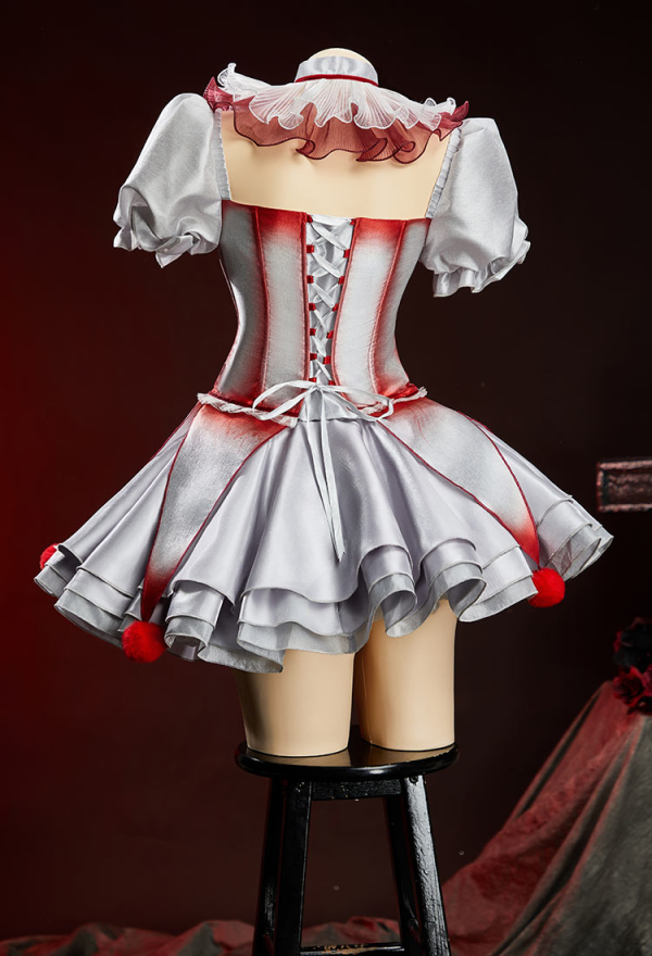 Moonlit Jester Silver Clown Corset Skirt Set Bloodstain Printed Corset and Layered Skirt with Sleeves and Collar Moonlit Jester Silver Clown Corset Skirt Set Bloodstain Printed Corset and Layered Skirt with Sleeves and Collar