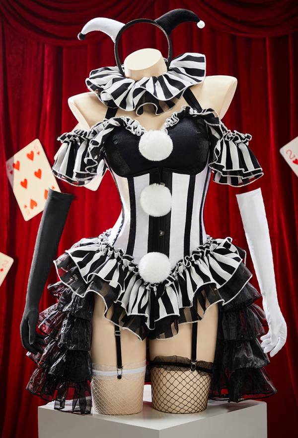 Moonlit Jester Gothic Black White Striped Clown Set Irregular Top and Lining with Panty and Collar Moonlit Jester Gothic Black White Striped Clown Set Irregular Top and Lining with Panty and Collar