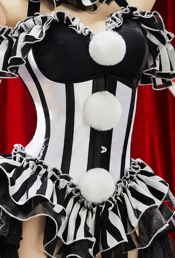 Moonlit Jester Gothic Black White Striped Clown Set Irregular Top and Lining with Panty and Collar Moonlit Jester Gothic Black White Striped Clown Set Irregular Top and Lining with Panty and Collar