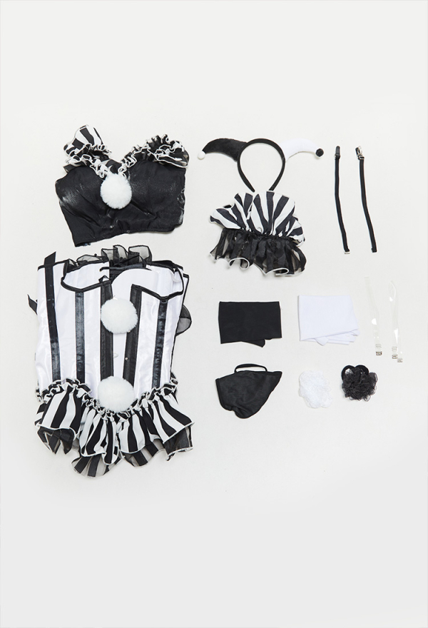 Moonlit Jester Gothic Black White Striped Clown Set Irregular Top and Lining with Panty and Collar Moonlit Jester Gothic Black White Striped Clown Set Irregular Top and Lining with Panty and Collar