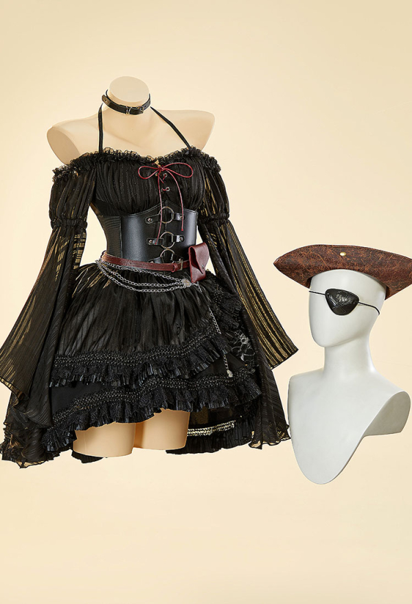 Cursed Corsair Halloween Dark Pirate Style Outfit Halter Dress with Waistband and Hat Cursed Corsair Halloween Dark Pirate Style Outfit Halter Dress with Waistband and Hat