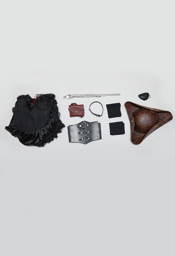 Cursed Corsair Halloween Dark Pirate Style Outfit Halter Dress with Waistband and Hat Cursed Corsair Halloween Dark Pirate Style Outfit Halter Dress with Waistband and Hat