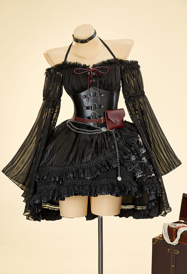 Cursed Corsair Halloween Dark Pirate Style Outfit Halter Dress with Waistband and Hat Cursed Corsair Halloween Dark Pirate Style Outfit Halter Dress with Waistband and Hat