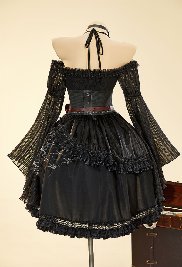 Cursed Corsair Halloween Dark Pirate Style Outfit Halter Dress with Waistband and Hat Cursed Corsair Halloween Dark Pirate Style Outfit Halter Dress with Waistband and Hat