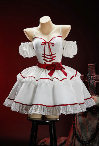 The Cursed Toybox Halloween Spooky Doll Dress Dark Style Waist-Cinching Dress with Sleeves and Belt