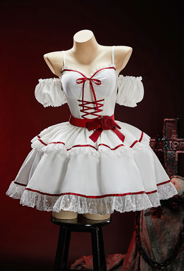The Cursed Toybox Halloween Spooky Doll Dress Dark Style Waist-Cinching Dress with Sleeves and Belt