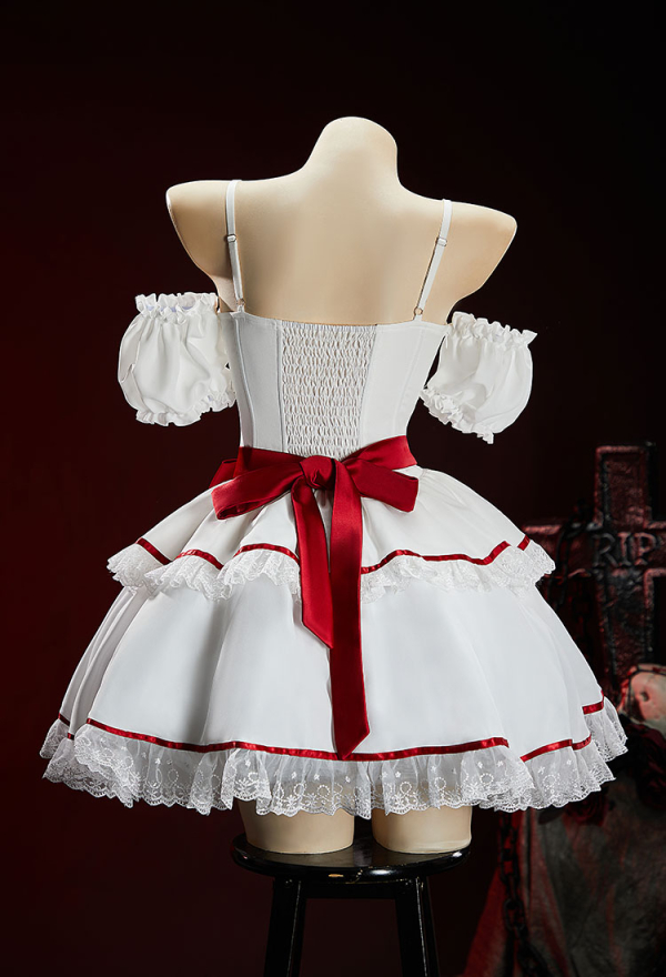 The Cursed Toybox Halloween Spooky Doll Dress Dark Style Waist-Cinching Dress with Sleeves and Belt