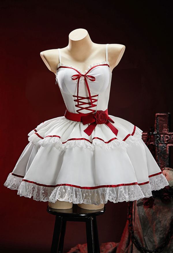 The Cursed Toybox Halloween Spooky Doll Dress Dark Style Waist-Cinching Dress with Sleeves and Belt