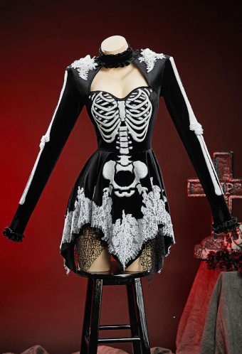 Bone To Be Wild Gothic Black White Skeleton Motif Dress Long-Sleeve Velvet Dress