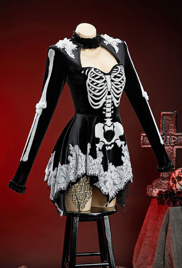 Bone To Be Wild Gothic Black White Skeleton Motif Dress Long-Sleeve Velvet Dress