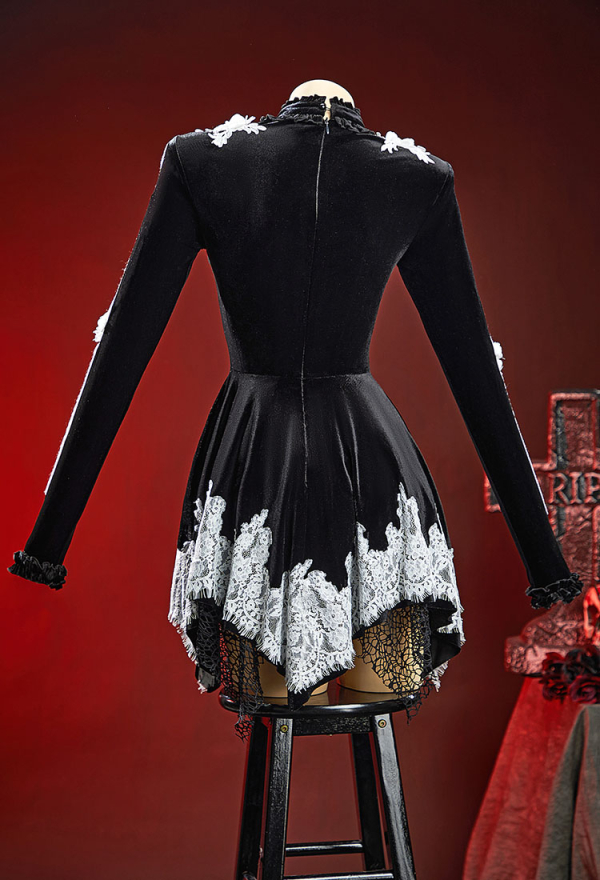 Bone To Be Wild Gothic Black White Skeleton Motif Dress Long-Sleeve Velvet Dress