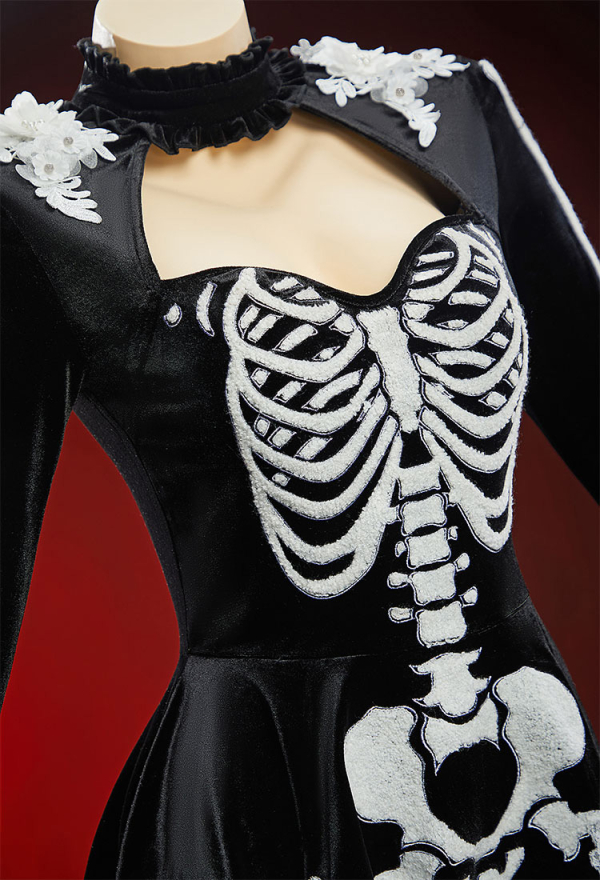 Bone To Be Wild Gothic Black White Skeleton Motif Dress Long-Sleeve Velvet Dress