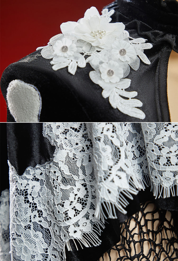 Bone To Be Wild Gothic Black White Skeleton Motif Dress Long-Sleeve Velvet Dress