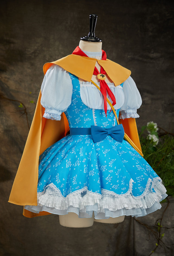 Halloween Puff-Sleeve Short Dress Floral Print Dress with Cape and Crossbody Bag
