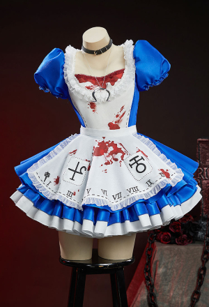 Vengeance in Wonderland Halloween Gothic Blue White Set Puffed Sleeve Dress with Apron and Necklace