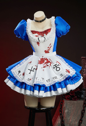 Vengeance in Wonderland Halloween Gothic Blue White Set Puffed Sleeve Dress with Apron and Necklace