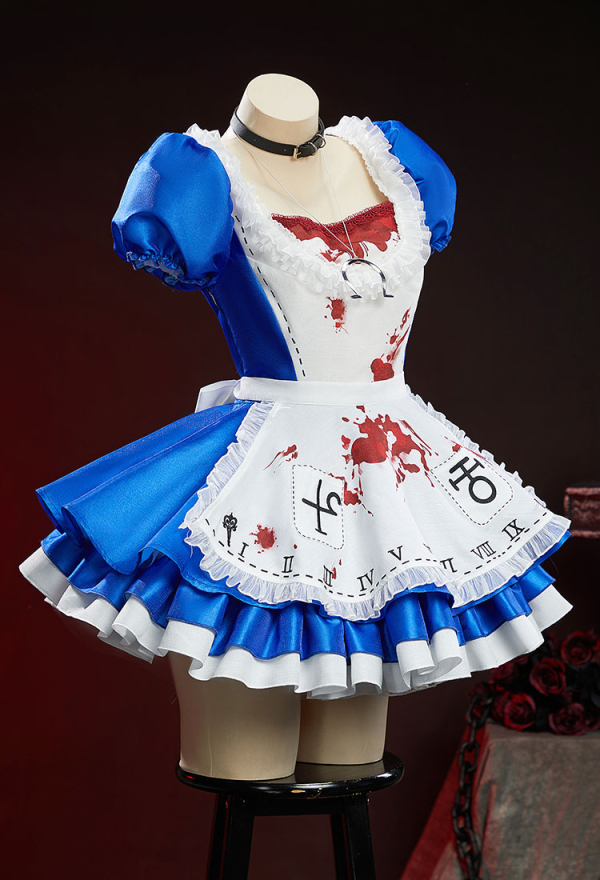 Vengeance in Wonderland Halloween Gothic Blue White Set Puffed Sleeve Dress with Apron and Necklace