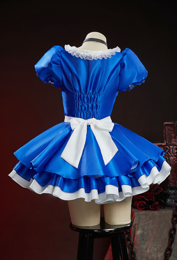 Vengeance in Wonderland Halloween Gothic Blue White Set Puffed Sleeve Dress with Apron and Necklace