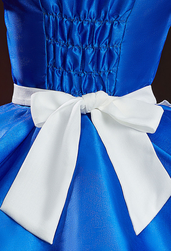 Vengeance in Wonderland Halloween Gothic Blue White Set Puffed Sleeve Dress with Apron and Necklace