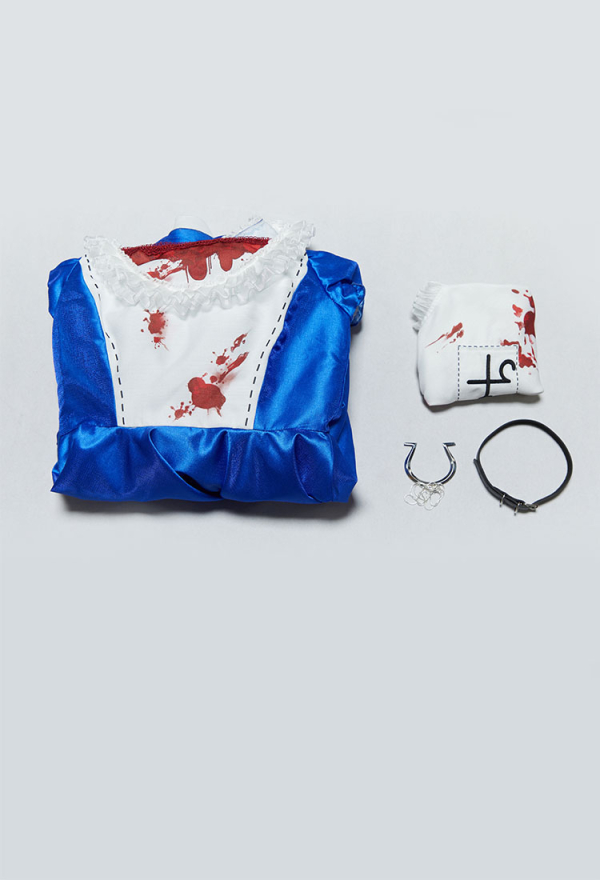 Vengeance in Wonderland Halloween Gothic Blue White Set Puffed Sleeve Dress with Apron and Necklace
