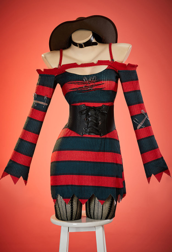 Nightmare Stripe Halloween Gothic Dress Red Green Striped Dress Knit Sweater Dress Set with Corset Hat and Glove