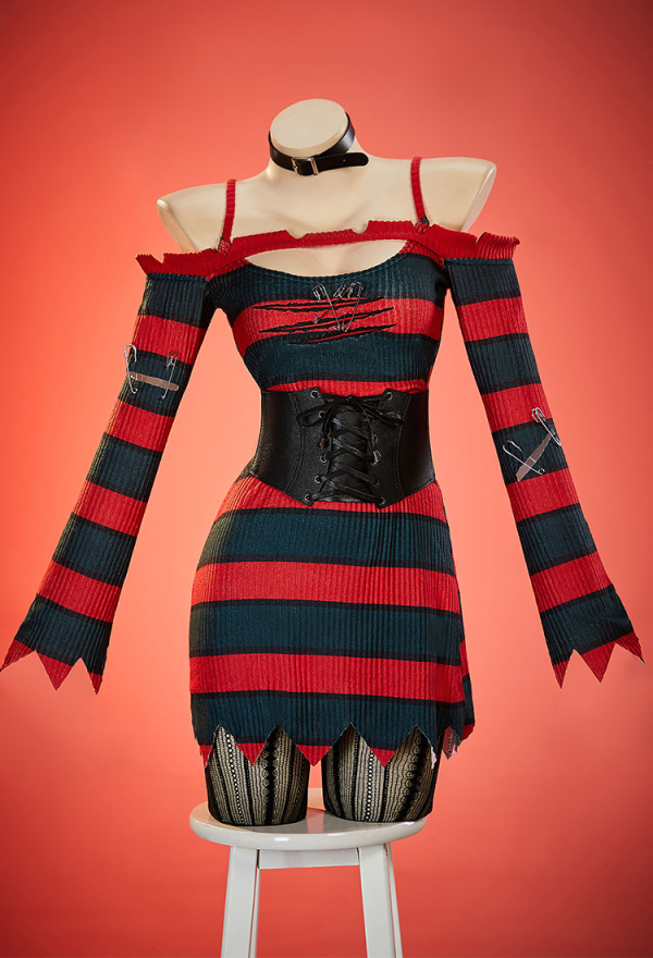 Nightmare Stripe Halloween Gothic Dress Red Green Striped Dress Knit Sweater Dress Set with Corset Hat and Glove Nightmare Stripe Halloween Gothic Dress Red Green Striped Dress Knit Sweater Dress Set with Corset Hat and Glove