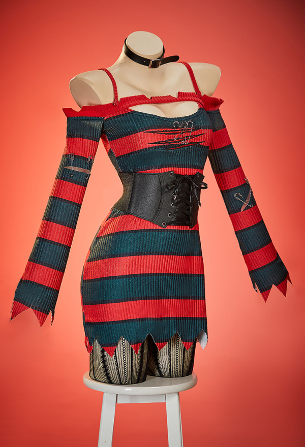 Nightmare Stripe Halloween Gothic Dress Red Green Striped Dress Knit Sweater Dress Set with Corset Hat and Glove Nightmare Stripe Halloween Gothic Dress Red Green Striped Dress Knit Sweater Dress Set with Corset Hat and Glove