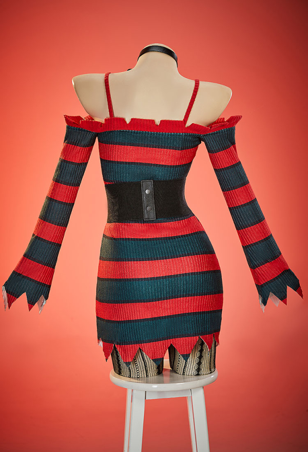 Nightmare Stripe Halloween Gothic Dress Red Green Striped Dress Knit Sweater Dress Set with Corset Hat and Glove Nightmare Stripe Halloween Gothic Dress Red Green Striped Dress Knit Sweater Dress Set with Corset Hat and Glove