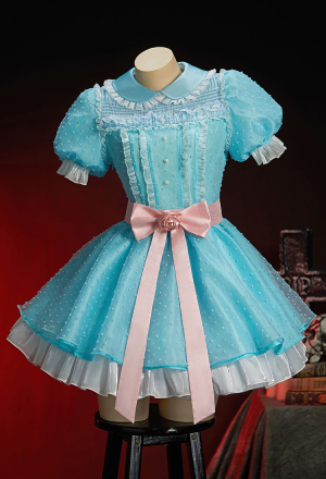 Check-in 237 Halloween Light Blue Short Dress Peter Pan Collar Puff Sleeve Dress with Belt