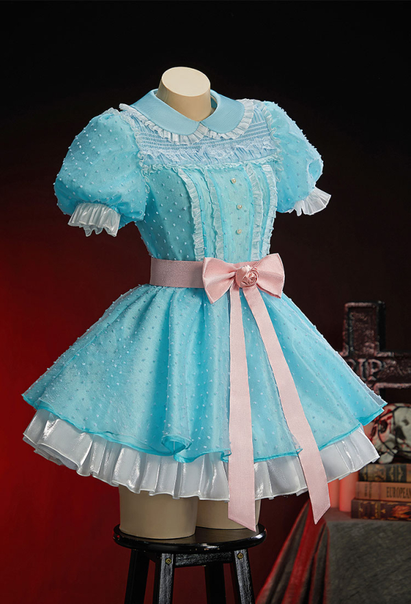 Check-in 237 Halloween Light Blue Short Dress Peter Pan Collar Puff Sleeve Dress with Belt