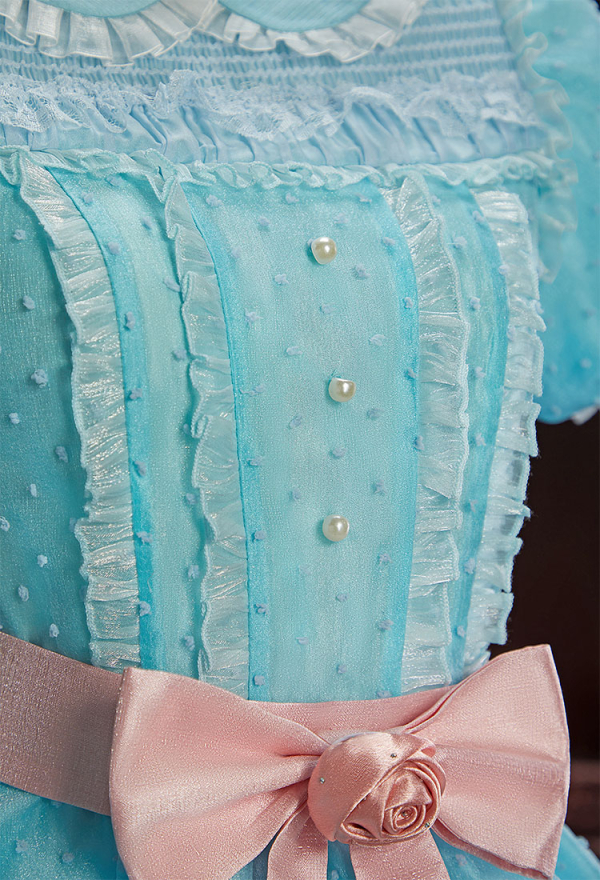 Check-in 237 Halloween Light Blue Short Dress Peter Pan Collar Puff Sleeve Dress with Belt