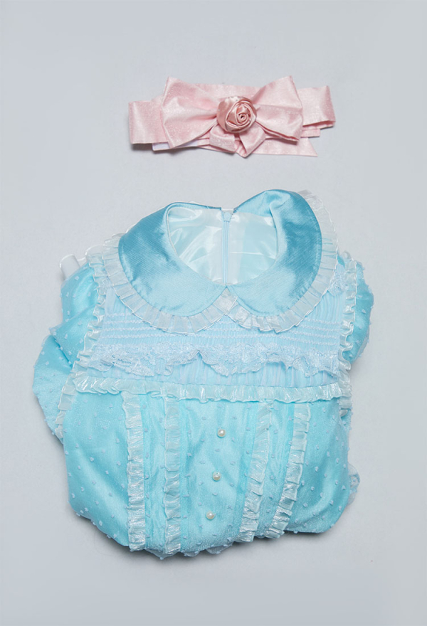Check-in 237 Halloween Light Blue Short Dress Peter Pan Collar Puff Sleeve Dress with Belt