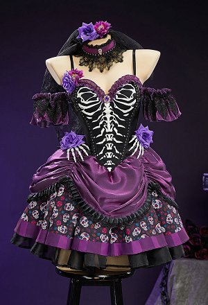 Day of the Dead Sugar Skull Print Dress Halloween Zombie Bride Black Purple Dress with Veil and Pantyhose