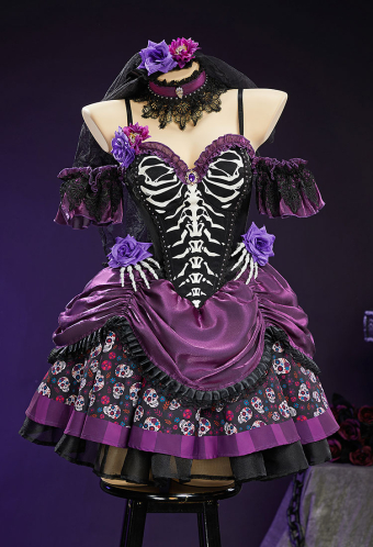 Day of the Dead Sugar Skull Print Dress Halloween Zombie Bride Black Purple Dress with Veil and Pantyhose