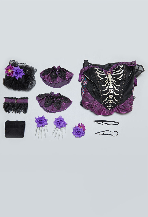 Day of the Dead Sugar Skull Print Dress Halloween Zombie Bride Black Purple Dress with Veil and Pantyhose
