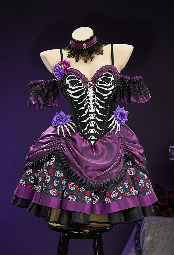 Day of the Dead Sugar Skull Print Dress Halloween Zombie Bride Black Purple Dress with Veil and Pantyhose