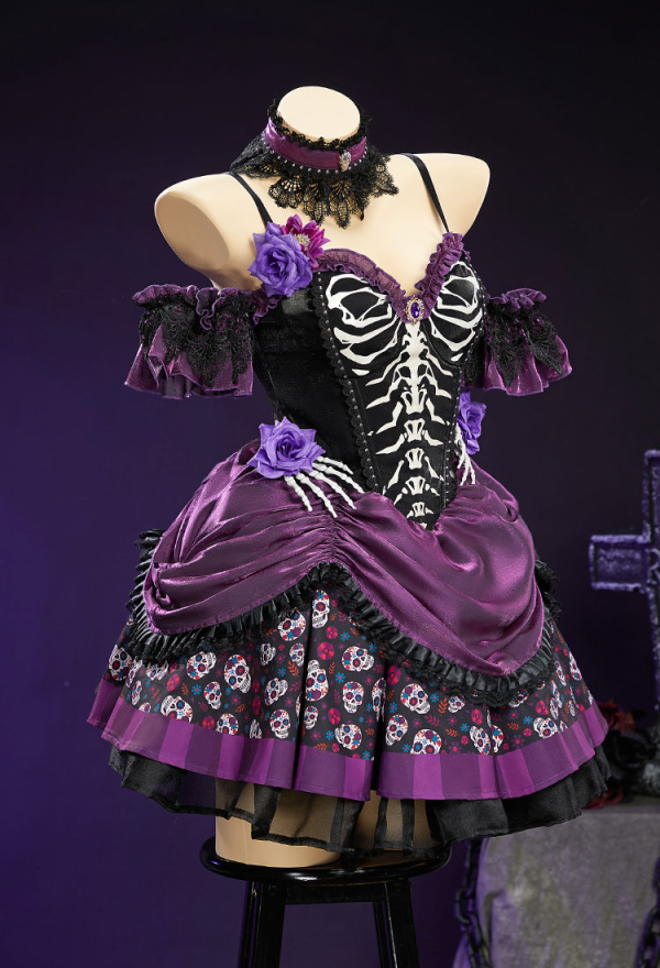 Day of the Dead Sugar Skull Print Dress Halloween Zombie Bride Black Purple Dress with Veil and Pantyhose