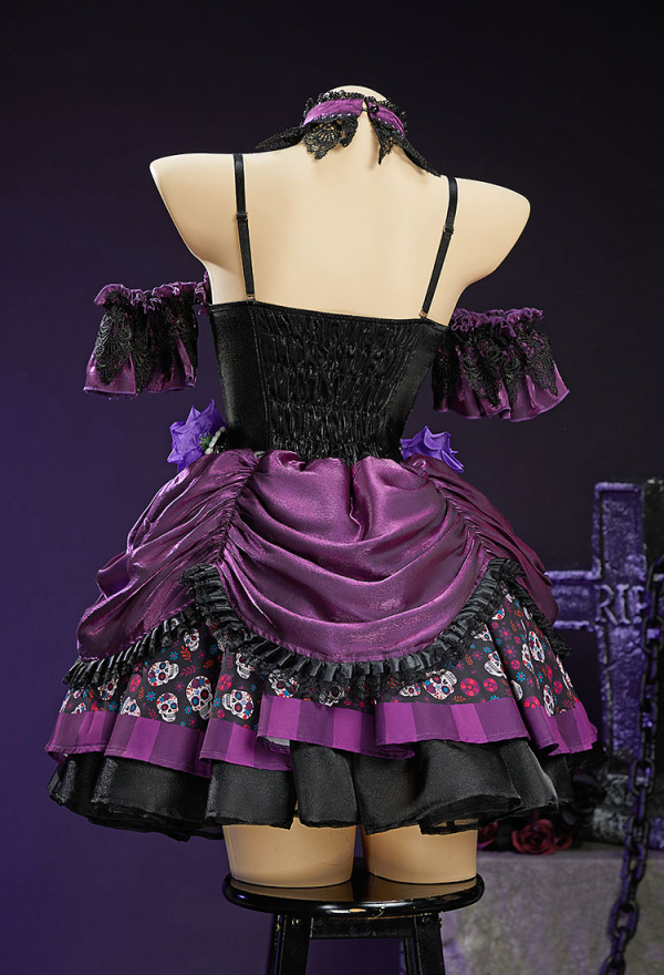 Day of the Dead Sugar Skull Print Dress Halloween Zombie Bride Black Purple Dress with Veil and Pantyhose