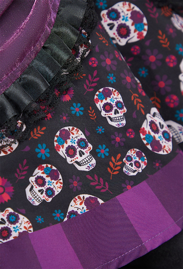 Day of the Dead Sugar Skull Print Dress Halloween Zombie Bride Black Purple Dress with Veil and Pantyhose
