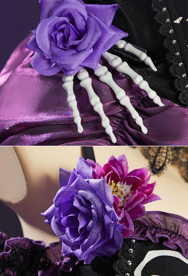 Day of the Dead Sugar Skull Print Dress Halloween Zombie Bride Black Purple Dress with Veil and Pantyhose