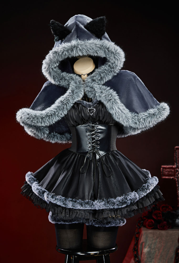 Hood in Shadow Halloween Plush Set Off-the-Shoulder Dress with Hooded Cape and Waistband Hood in Shadow Halloween Plush Set Off-the-Shoulder Dress with Hooded Cape and Waistband