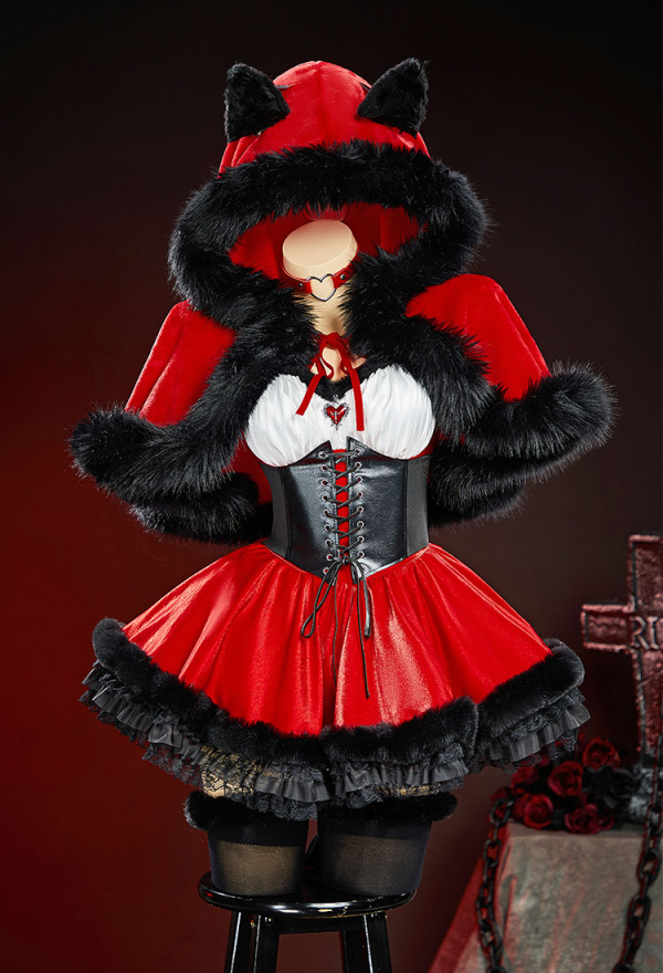 Hood in Shadow Halloween Plush Set Off-the-Shoulder Dress with Hooded Cape and Waistband Hood in Shadow Halloween Plush Set Off-the-Shoulder Dress with Hooded Cape and Waistband